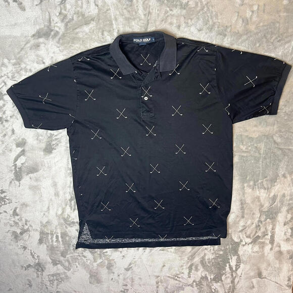 VTG POLO GOLF RALPH LAUREN Men L Black Golf Club Allover Print Polo Shirt AOP - Picture 1 of 6